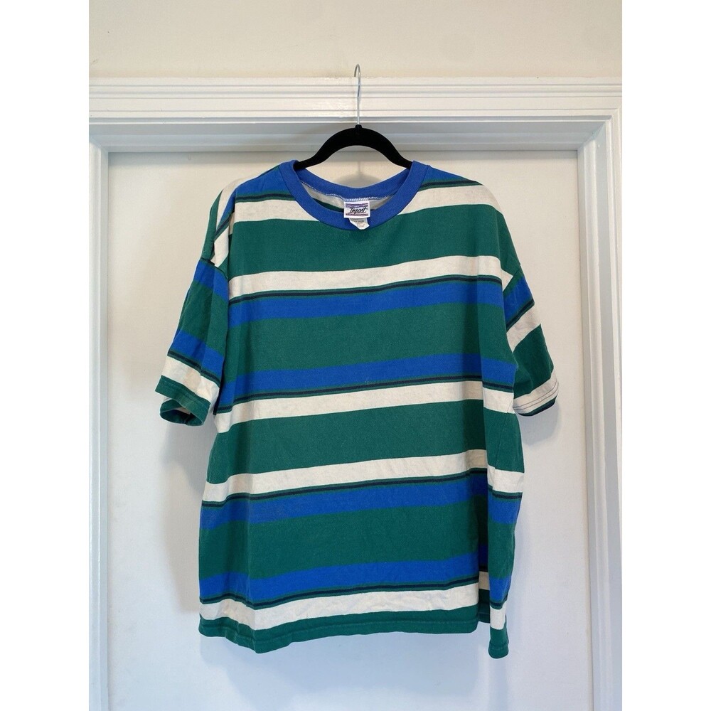 Vintage 90s Impact T Shirt Mens XL Green Blue White Striped USA Streetwear